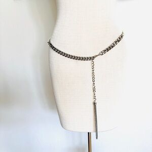White Leather Belt with Silver Chain and Tassel Adjustable Accessory